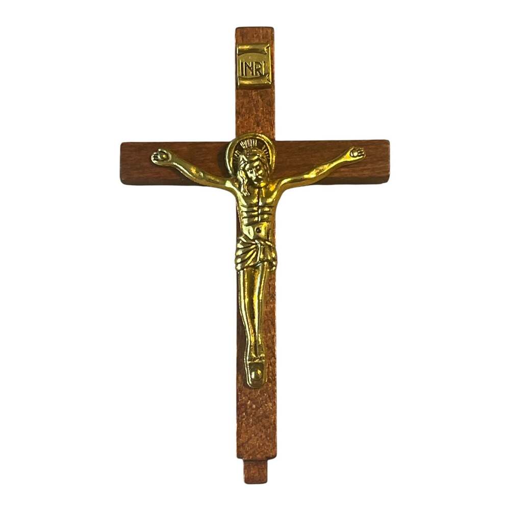 Small Decorative Religious Wooden Crucifix with Brass Tone Corpus INRI Plaque